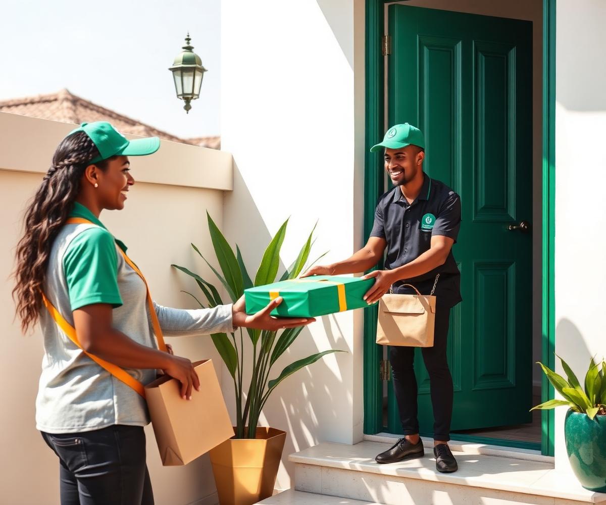 Courier handing a FYNDA parcel to a customer at her door