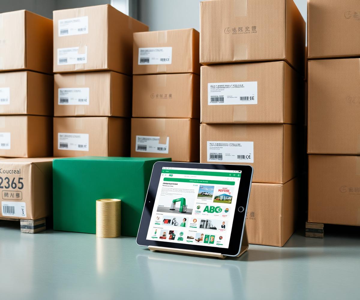 Cartons and a tablet showing a Chinese supplier catalogue